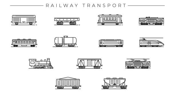 철도 운송 개념 라인 스타일 벡터 아이콘 세트. - semi truck fuel tanker truck diesel stock illustrations