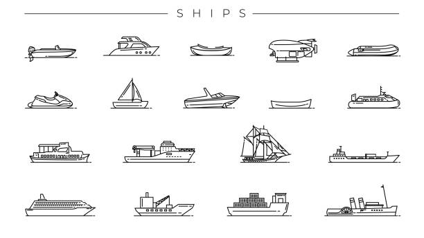 ilustraciones, imágenes clip art, dibujos animados e iconos de stock de conjunto de iconos vectoriales de estilo de línea de concepto de envío. - yacht