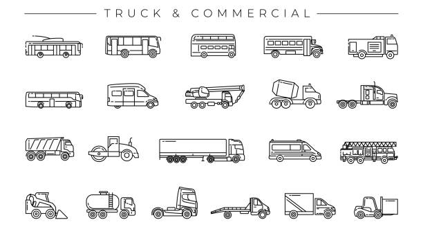 트럭 및 상업용 컨셉 라인 스타일 벡터 아이콘 세트. - asphalt truck transportation mode of transport stock illustrations