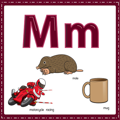 Vector illustration for learning the letter M in both lowercase and uppercase for children with 3 cartoon images. Motorcycle Racing Mole Mug.