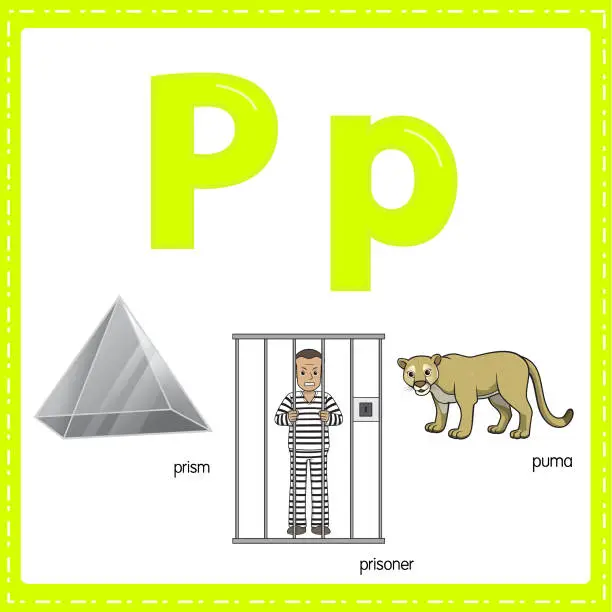 Vector illustration of Vector illustration for learning the letter P in both lowercase and uppercase for children with 3 cartoon images. Prism Prisoner Puma.