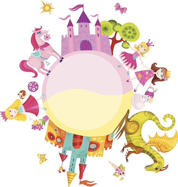 벡터 일러스트레이션 및 princesses 성들의 계곡 - castle dragon magic fairy stock illustrations