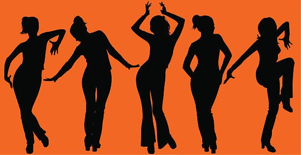 Five dancing women silhouettes on orange background vector art illustration