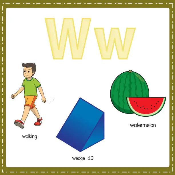 Vector illustration of Vector illustration for learning the letter W in both lowercase and uppercase for children with 3 cartoon images. Walking Wedge 3D Watermelon .