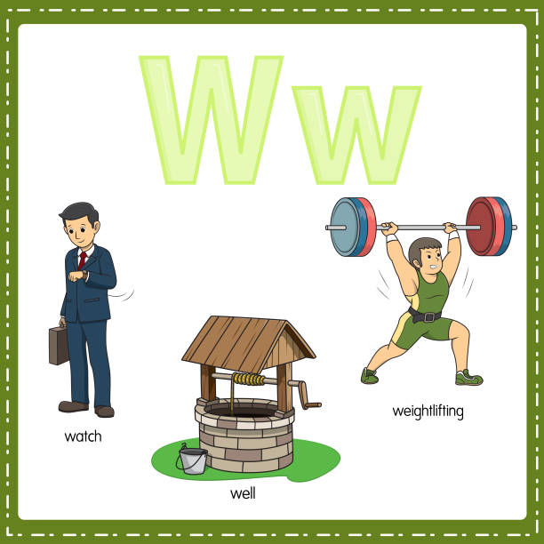 Vector illustration for learning the letter W in both lowercase and uppercase for children with 3 cartoon images. Watch Well Weightlifting. Vector illustration for learning to write English alphabets with cartoons for children. Uppercase and lowercase letters, scribble, make, stickers, cut and paste, learning pages for kids. cartoon muscular man lifting heavy weights stock illustrations