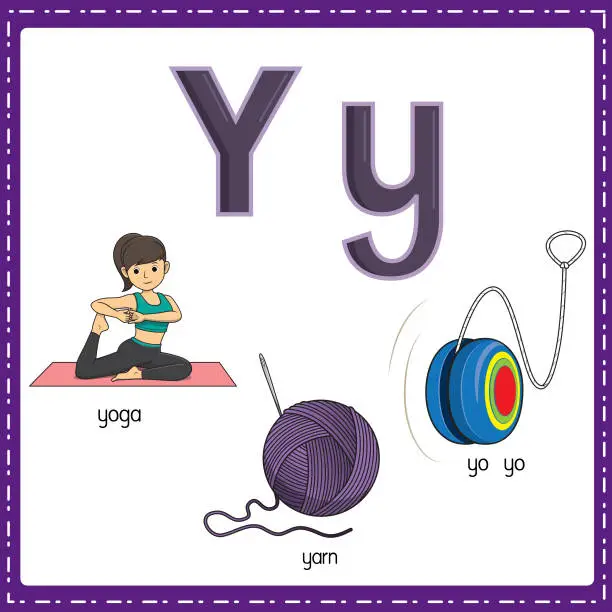 Vector illustration of Vector illustration for learning the letter Y in both lowercase and uppercase for children with 3 cartoon images. Yoga Yarn Yo yo.