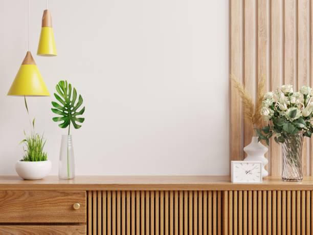mockup del cabinet nella moderna stanza vuota, parete bianca. - shelf wall vase indoors foto e immagini stock