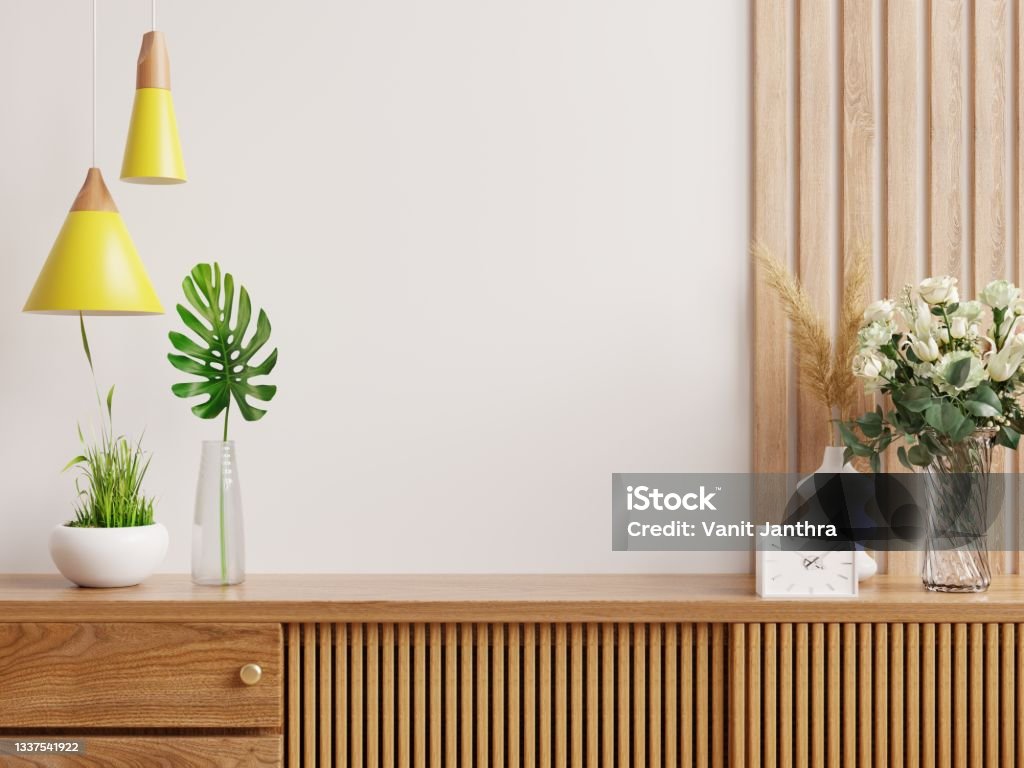Cabinet mockup in modern empty room,white wall. Cabinet mockup in modern empty room,white wall.3D rendering Shelf Stock Photo