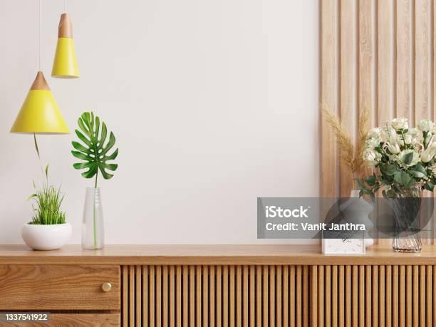 Cabinet Mockup In Modern Empty Roomwhite Wall Stock Photo - Download Image Now - Shelf, Flower, Indoors