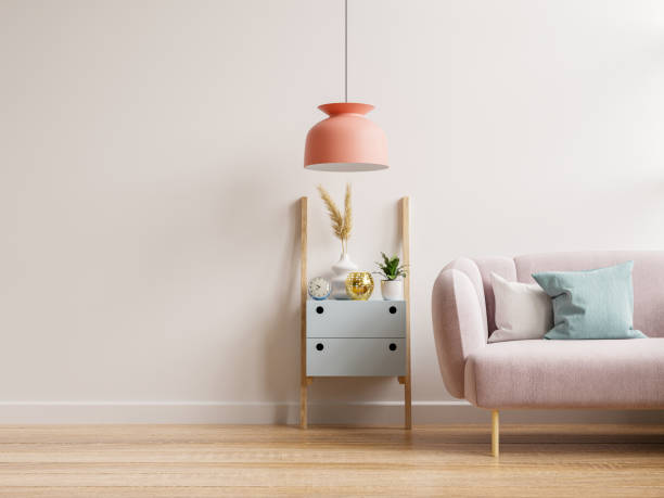istock Interior wall mockup with sofa and cabinet in living room with empty white wall background. 1337541940