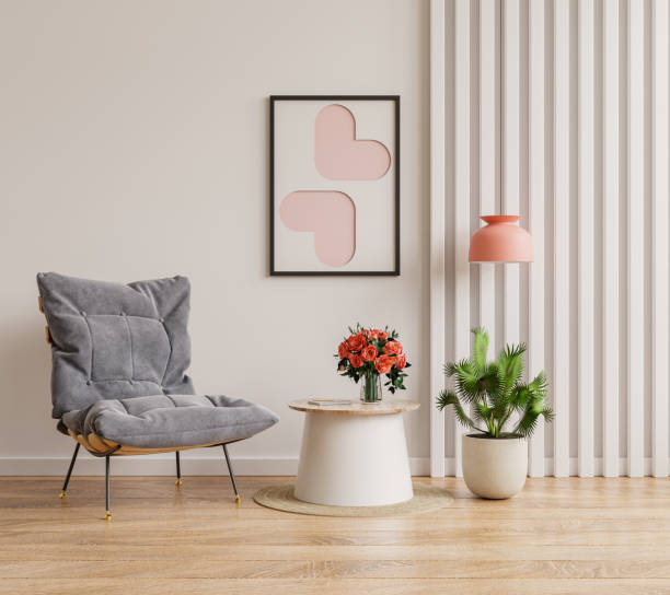 istock Poster mockup with vertical frames on empty white wall in living room interior with blue velvet armchair. 1337541955