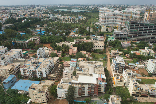 Bangalore, India - a cityscape with office buildings, residential blocks and lakes
