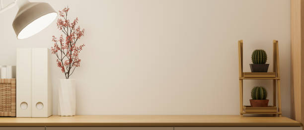 istock Mock up interior workspace in minimalism decoration on wooden table, 3d rendering 1337545630
