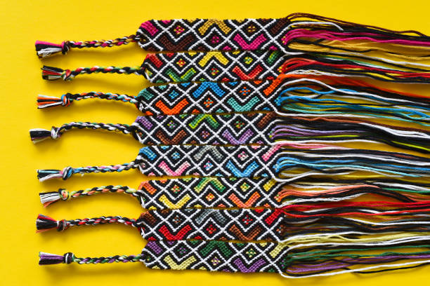 istock Unfinished DIY woven friendship bracelets with abstract geometric pattern. Summer accessories 1337553381