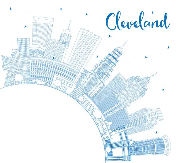 Vector illustration of Outline Cleveland Ohio City Skyline with Blue Buildings and Copy Space.