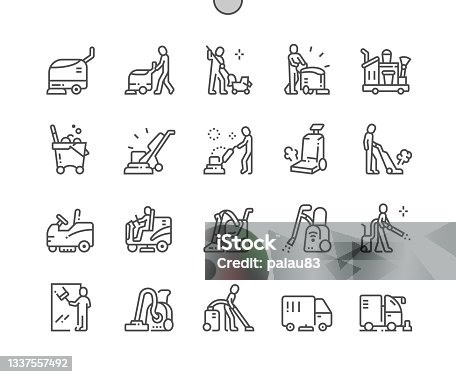 istock Industrial Cleaning Service. Cleaning machine. High pressure washer. Cleaner worker. Pixel Perfect Vector Thin Line Icons. Simple Minimal Pictogram 1337557492