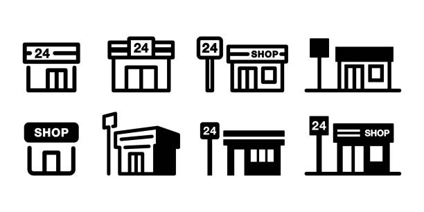 Convenience store shop vector icon illustration material set Convenience store shop vector icon illustration material set convenience stock illustrations