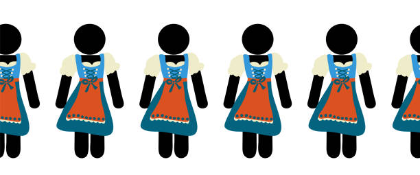 ilustraciones, imágenes clip art, dibujos animados e iconos de stock de oktoberfest borde dirndl vestir a las mujeres. pictograma de borde horizontal del festival de la cerveza alemana sin costuras. ilustración vectorial. fiesta de la cerveza repitiendo pancarta. chica dirndl delantal traje tradicional alemán - dirndl traditional clothing austria traditional culture