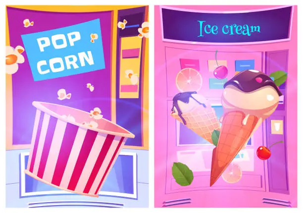 Vector illustration of Pop corn and ice cream snacks at vending machine