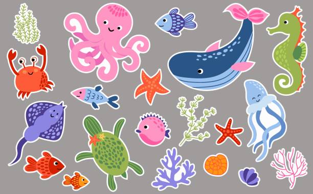 ilustraciones, imágenes clip art, dibujos animados e iconos de stock de juego de pegatinas con vida marina. estilo dibujado a mano. vector. - underwater animal sea horse fish