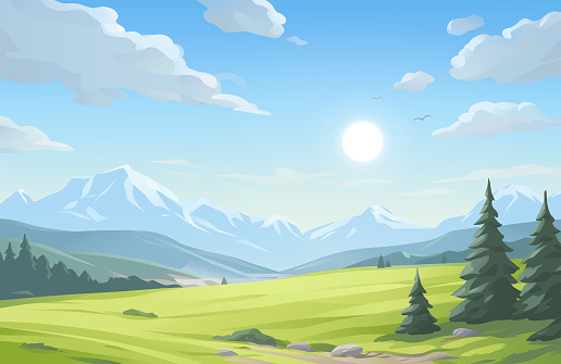 Vector illustration of a beautiful mountain landscape with trees, bushes, hills and green meadows under a bright sunny sky.