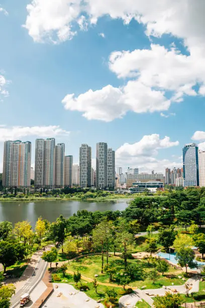 View of modern buildings and Gwanggyo Lake Park in Suwon, Korea