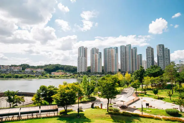 View of modern buildings and Gwanggyo Lake Park in Suwon, Korea