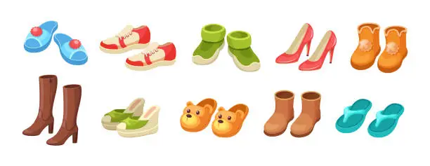 Vector illustration of Set different shoes. Female male childish footwear for activity walking outdoor, domestic, beach recreation, warming or doing sports. Footgear pairs, house slippers, sneakers, sandals,