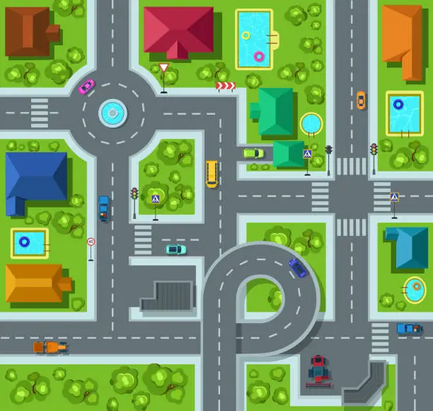 Vector illustration of City roads and traffic streets, houses, and cars top view. Modern town infrastructure map cityscape