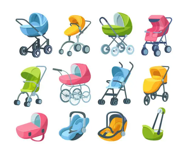 Vector illustration of Set of childish automobile armchair for child, infant, newborn baby, folding stroller, buggy, baby carriage, child wagon, infant transport.