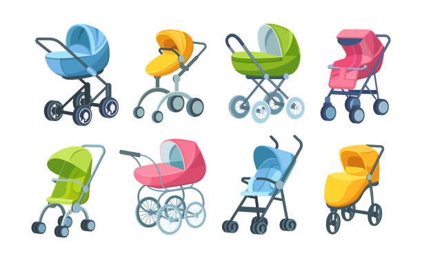 set kereta dorong lipat berwarna-warni kekanak-kanakan, kereta, kereta bayi, gerobak anak, transportasi bayi - stroller car seat ilustrasi stok
