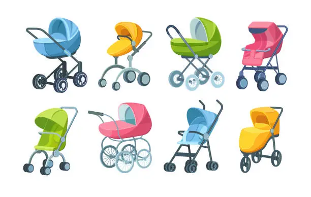 Vector illustration of Set of childish colorful folding stroller, buggy, baby carriage, child wagon, infant transport