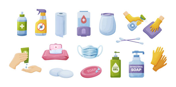 kollektion hygieneprodukt. persönliche werkzeuge zum reinigen, waschen und antibakteriellen schutz - cotton gloves stock-grafiken, -clipart, -cartoons und -symbole