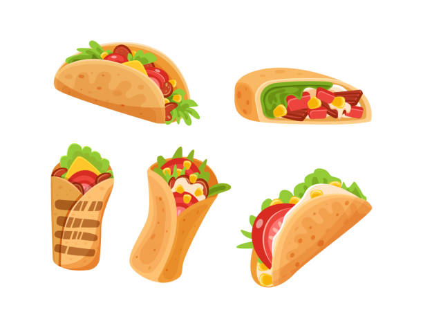 illustrazioni stock, clip art, cartoni animati e icone di tendenza di imposta la tradizionale fajita messicana avvolta nel fast food, burritos e tacos. piatto piccante nazionale del messico - wrap sandwich