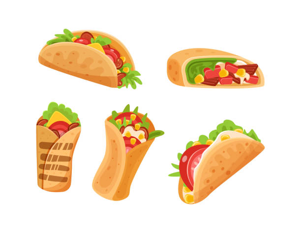 набор традиционных мексиканских фаст-фудов фахита, буррито и тако. национальная мексика острое блюдо - chef food cooking sandwich stock illustrations