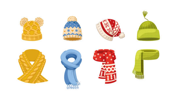 Set cute ornamental winter knitted clothes. Warm outerwear kit woolen jumper, sweater, scarf and hat Set cute ornamental winter knitted clothes. Warm outerwear kit woolen jumper, ugly sweater, cardigan, scarf and hat. Festive seasonal colorful clothing. Stylish apparel for wintertime flat vector scarf stock illustrations