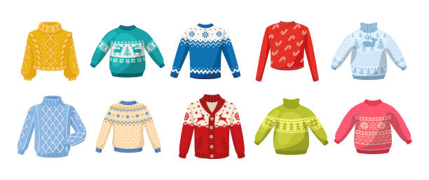 süße winter warme strickpullover set. weihnachtspullover mit festlichem winterjahrsschmuck hirsch, schneemann, fichten-cartoon-vektor. wollstrick-winterkleidung - cardigan stock-grafiken, -clipart, -cartoons und -symbole