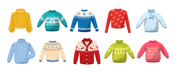 Cute winter warm knitted sweaters set. Christmas sweaters with festive winter year ornaments deer, snowman, spruce cartoon vector. Wool knitting winter clothes Cute winter warm knitted sweaters set. Christmas sweaters with festive winter year ornaments deer, snowman, spruce cartoon vector illustration. Wool knitting winter clothes christmas sweater stock illustrations