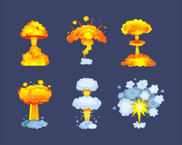 ilustrações de stock, clip art, desenhos animados e ícones de set of nuclear bomb explosion. huge abstract blast fire and clouds exploded with flame fire - gas fired power station illustrations