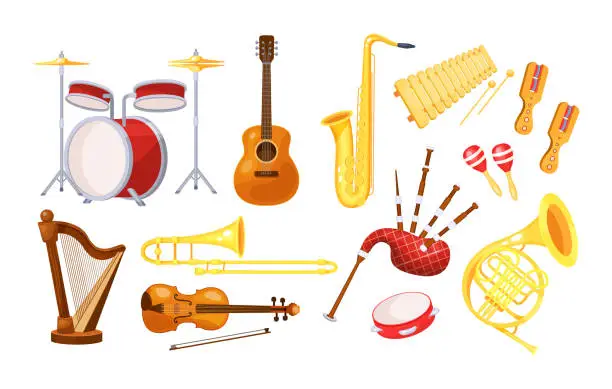 Vector illustration of Musical metal wood acoustic instruments set: violin, tambourine, harp, trombone, bagpipe, saxophone, accordion, guitar, drum, tambourine, bagpipes, maracas, rumba