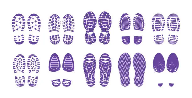 Vector illustration of Human shoes blue footprint set. Shoe soles print of tread, boots, sneakers, footgear on heels
