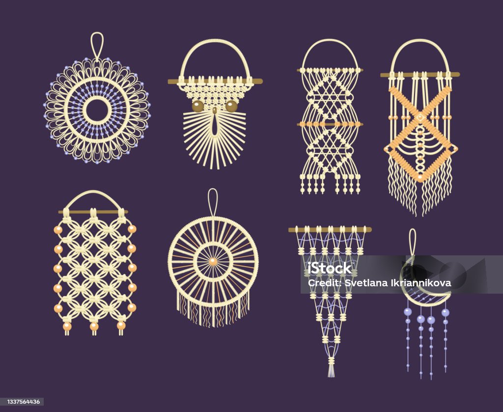 Zestaw wiszących ścian z makramy. Ręcznie robione lub ręcznie robione dekoracje domów bohema wystrój kreskówka wektor - Grafika wektorowa royalty-free (Makrama) Zestaw wiszących ścian z makramy. Ręcznie robione lub ręcznie robione dekoracje domów bohema wystrój kreskówka wektor - Grafika wektorowa royalty-free (Makrama)