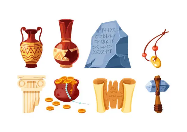 Vector illustration of Set of archeology artifacts ancient. Amphora, papyrus script, cave drawings, ax, pot of gold coins, whole and cracked vases, antique column. Historic civilization exploration