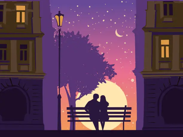 Vector illustration of Romantic Couple lovers on bench in the city, under tree, buildings, lantern. Sunset, night, stars. Vector Happy Valentines Day illustration, silhouette