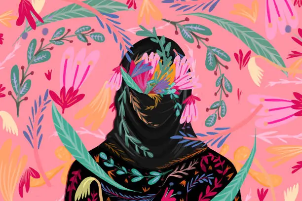 Vector illustration of Hijab filled with flowers