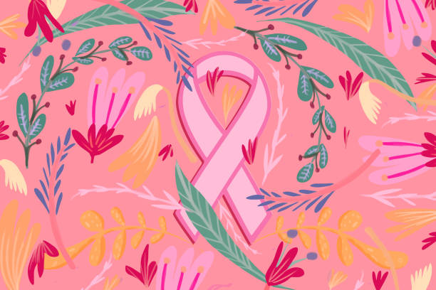 Pink ribbon for breast cancer awareness Pink ribbon for breast cancer awareness illustration on a pink background with flower motifs breast cancer awareness stock illustrations