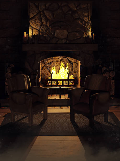 istock Dark room with a fireplace and chairs 1337569134