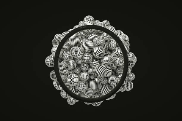 3D Rendering Large group of Abstract Flying Spheres, Striped Black White Colors