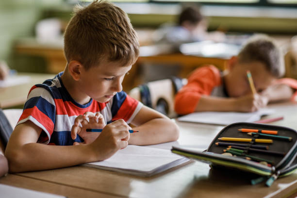 istock Schoolboy reading lecture in notebook in the classroom. 1337570922