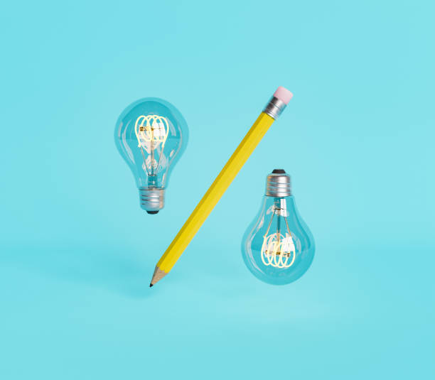 pencil with two light bulbs on the sides floating in the air. concept of ideas, creativity, education and discount symbol. 3d rendering